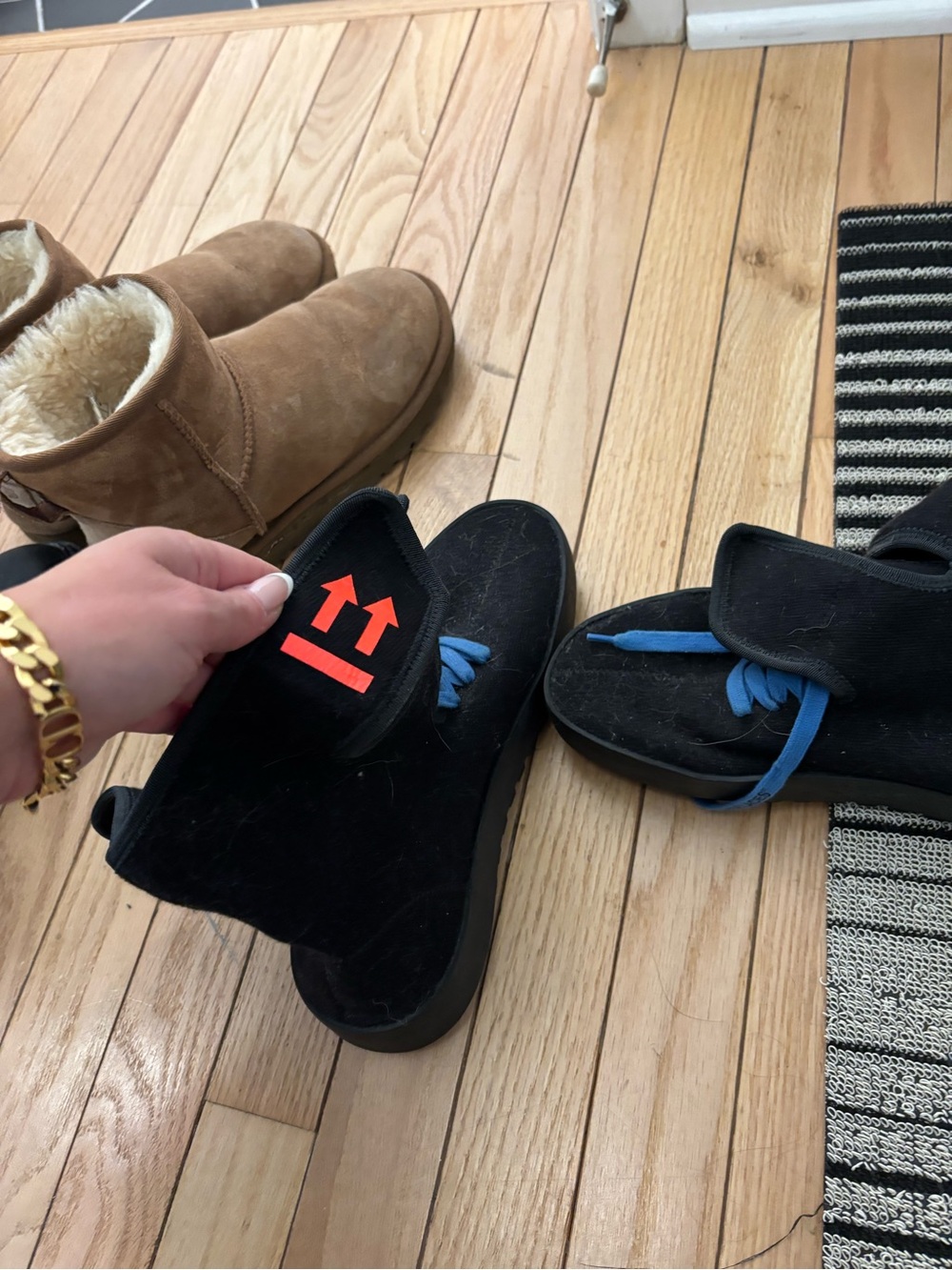 Off-White Black Suede Boots with Blue Laces and Red Arrow Detail
